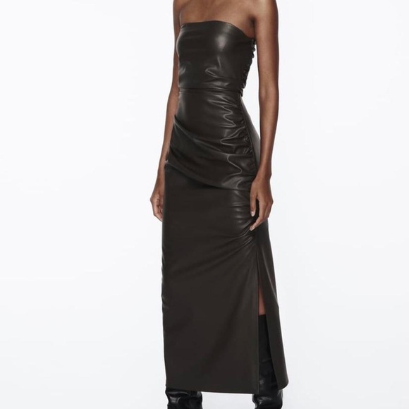 ZARA ~ Black Strapless Faux Leather Dress in Sage - Picture 6 of 13